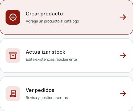 Panel real de Tuku Ventas con accesos para crear productos, actualizar stock y gestionar pedidos